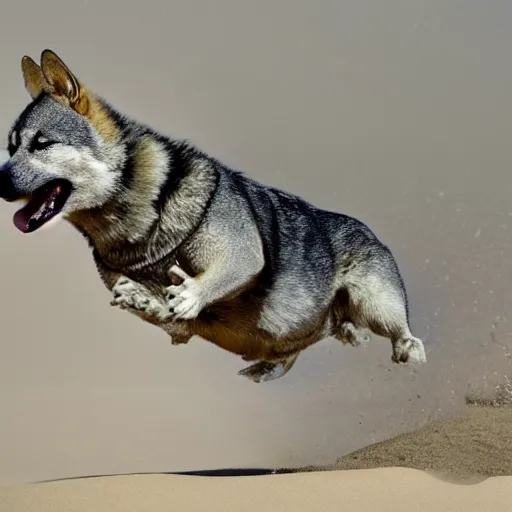 Image similar to award winning wildlife photography, a Swedish vallhund, high midair shot, running towards the camera, straight shot, high shutter speed, dust and sand in the air, wildlife photography by Paul Nicklen, shot by Joel Sartore, Skye Meaker, national geographic, perfect lighting, blurry background, bokeh