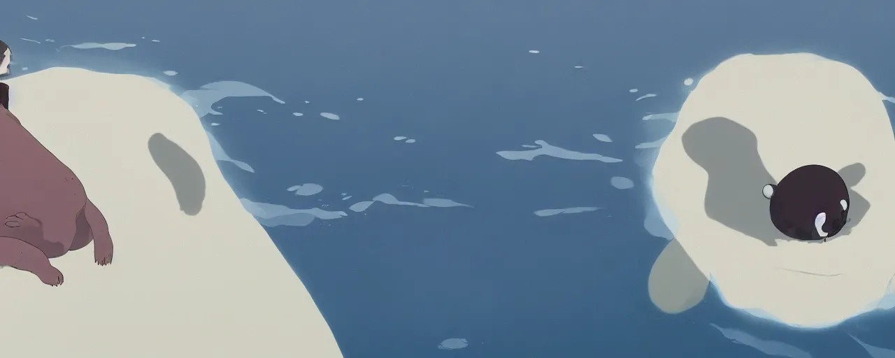 Image similar to a dead baby harp seal on the bottom of the ocean, atey ghailan, goro fujita, studio ghibli, rim light, dark lighting, clear focus, very coherent,