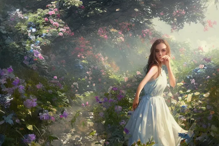 Image similar to a beautiful painting of blue roses garden, girl, by greg rutkowski, trending on artstation