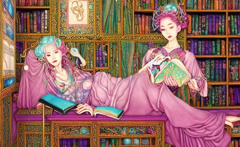 Image similar to a detailed fantasy pastel portrait of a woman wizard in ornate clothing lounging on a purpur pillow on the marble floor in front of her bookcase in a room, reading an ancient tome. to the side is a potted plant. ancient retrofuturistic setting. 4 k key art. raytracing, by chie yoshii and yoshitaka amano.