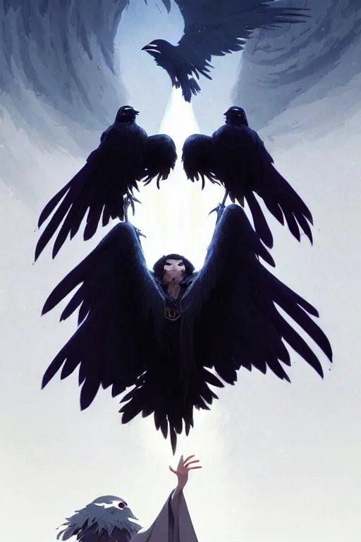 Image similar to raven headed warlock doing magic spells wind, white robes, finely detailed perfect face, exquisite details, mid view, design on a white background, by studio muti, greg rutkowski makoto shinkai takashi takeuchi studio ghibli