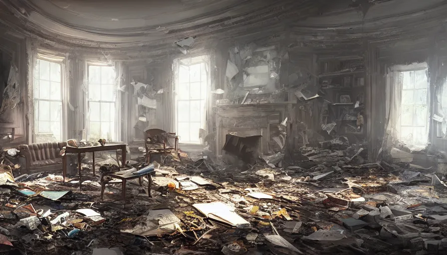 Prompt: interior of destroyed oval office, debris, small fire, hyperdetailed, artstation, cgsociety, 8 k