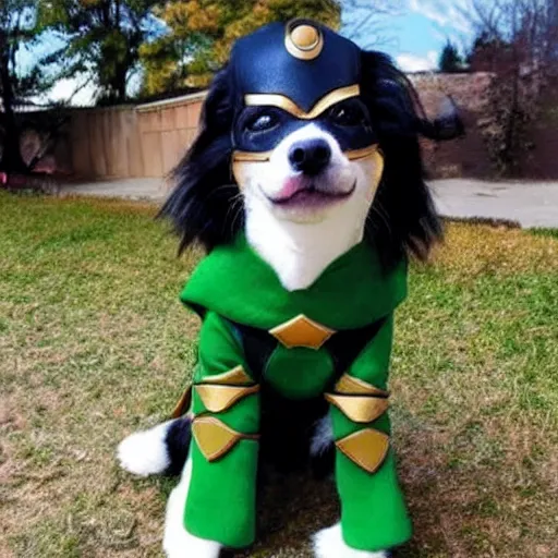 Image similar to a dog named Loki that is dressed like Loki