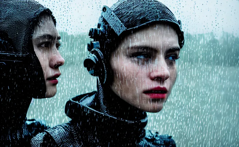 Image similar to cinestill 5 0 d candid photographic portrait by christopher nolan of two loving female androids wearing rugged black mesh techwear in treacherous waters, extreme closeup, modern cyberpunk moody emotional cinematic, pouring rain, 8 k, hd, high resolution, 3 5 mm, f / 3 2, ultra realistic faces, ex machina