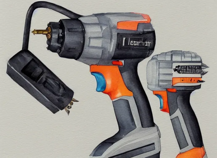 Image similar to concept art of a electril drill tool, pinterest, artstation trending, behance, watercolor, by coby whitmore, silver, laser light,