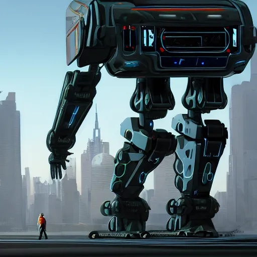 Image similar to a walking humanoid tank Mech in the style of Syd Mead/cyberpunk detailed realistic HD 8k High Resolution