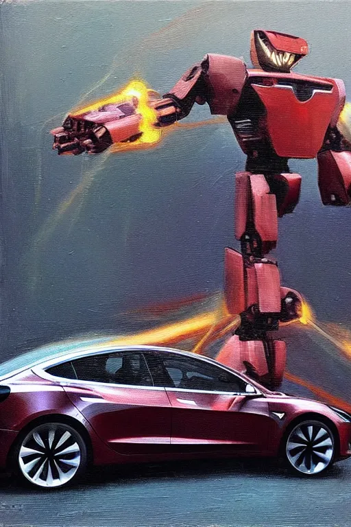 Image similar to tesla model 3 transforming into a transformer robot, oil on canvas