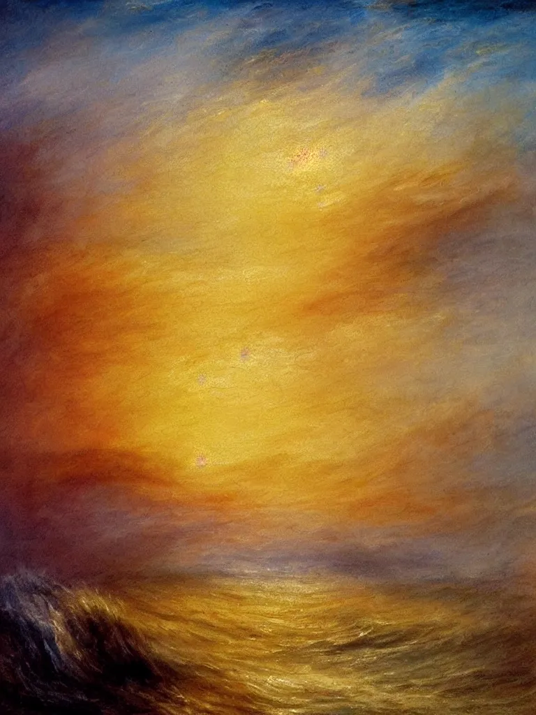 Prompt: a painting of beautiful waves in a colorful ocean during a breathtakingly misty sunset in the style of Joseph Mallord William Turner, artstudio, light oil color scheme
