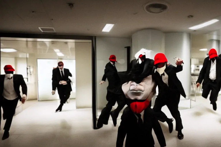 Prompt: dramatic cinematic bank robbers running out of white bank wearing trump masks by Emmanuel Lubezki