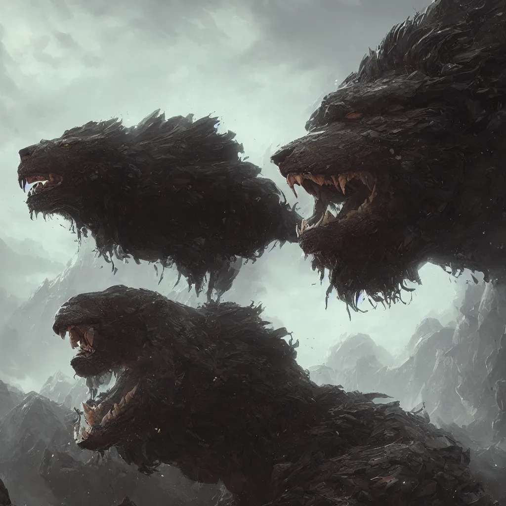 Image similar to Giant black rock lion monster art, in the style of greg rutkowski, illustration, epic, fantasy, intricate, hyper detailed, artstation, concept art, smooth, sharp focus, ray tracing