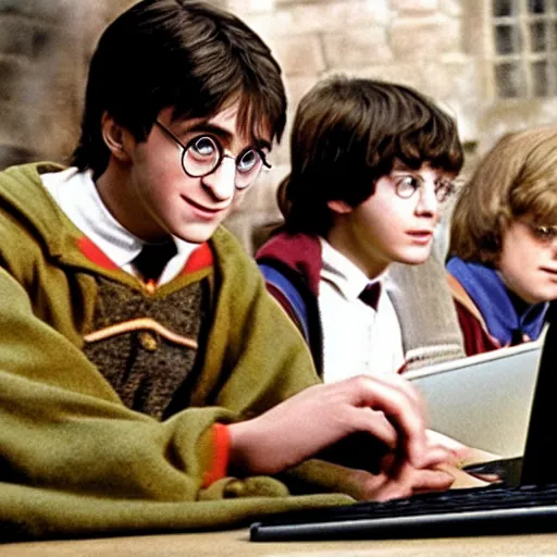 Image similar to Photo of Harry Potter using a computer in Hogwarts