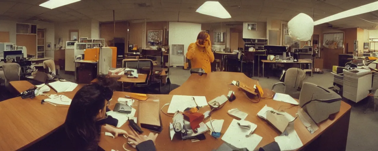 Image similar to security cam footage of someone with their head on spaghetti at their desk, at work, kodachrome, in the style of wes anderson, retro!! no repeats!!