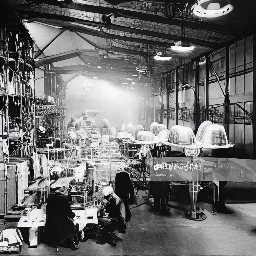 Prompt: scientists discovering an alien ufo in a warehouse, 1 9 2 0's sci - fi, black and white, 8 k, highly ornate intricate details, extreme detail,