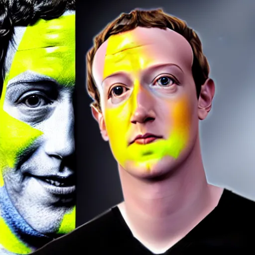 Prompt: Mark Zuckerberg as Data from Star Trek, with white face paint and yellow contacts