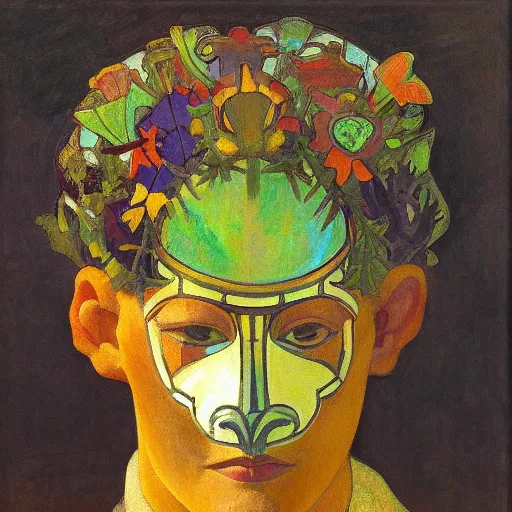 Prompt: head of a beautiful boy wearing a mask made of flowers, by diego rivera and john watkiss and annie swynnerton, art deco shaman, stylized flowers, art brut, symbolist, dramatic cinematic lighting, god rays, iridescent beetles, clean crisp graphics, smooth sharp focus, extremely detailed