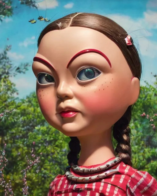 Prompt: closeup face profile portrait of a tin toy retro 1 9 5 0 s greta thunberg, bikini, depth of field, zeiss lens, fashion photoshoot by nicoletta ceccoli, mark ryden, lostfish, breathtaking, detailed and intricate environment, 8 k resolution, extremely detailed, beautiful, establishing shot, artistic, hyperrealistic, octane render