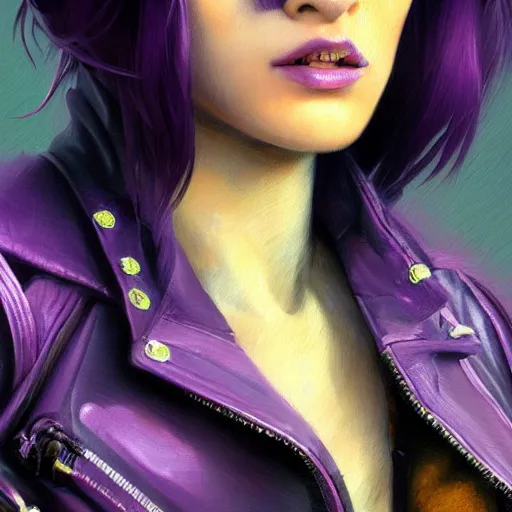 Prompt: very detailed masterpiece closeup painting of a very beautiful young mexican cyberpunk woman with light blue shutter shades, one side haircut, dark purple hair, purple leather jacket, portrait, synthwave background, artstation, concept art by greg rutkowski