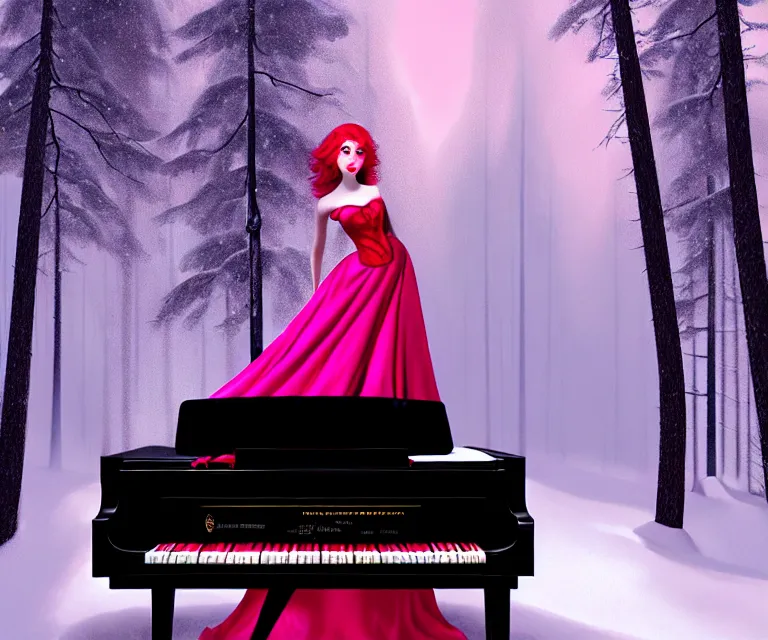 Image similar to a photorealistic rendering of a beautiful face gothic girl, pink hair in a stunning red dress playing a piano in the dark snowy forest by randolph stanley hewton, cg society contest winner, matte painting