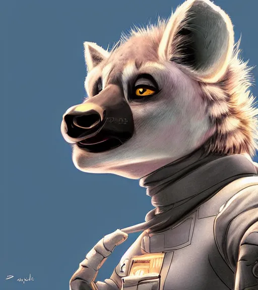 Image similar to digital detailed art of furry female hyena, in style of zootopia, fursona, furry, furaffinity, deviantart, wearing astronaut outfit, floating in space, space background, hyena fursona, cyberpunk, detailed face, style of artgerm,