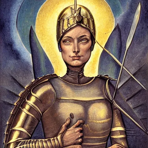 Image similar to jeanne d'arc in the style of william blake, terese nielsen, steve argyle