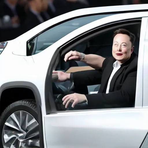 Image similar to Elon Musk waving out the driver's side window of a Rivian