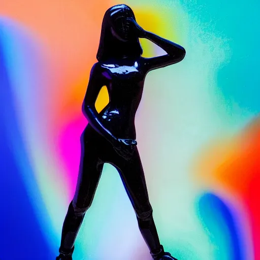 Image similar to masterpiece of a glossy black marble statue of a girl with colorful motocross logos and volumetric colored smoke in the background, balenciaga, carved marble statue, fine art, in the style of virgil abloh, off white, heron preston, techno, rave, 8 k, 4 k, detailed, realistic, beautiful, symmetrical, vogue, paris, fashion