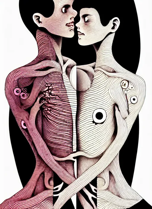 Image similar to 1 px color ink art by junji ito, perfectly centered symmetrical balanced male and female portrait of man and woman in love sharing one heart. high coherence ; fractal geometrical 8 k ultra hd