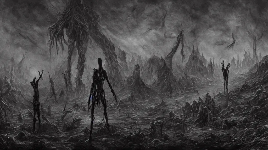 Image similar to dark detailed landscape, chilling overwhelming blood oil painting, brutal fantasy hell of unknown creatures, dreadful and creepy lifeless skinny slendermen