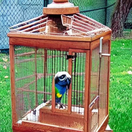 Image similar to a bird cage with a pug parrot hybrid