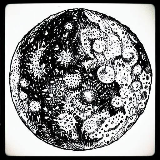 Image similar to a micron pen drawing of the moon, intricate