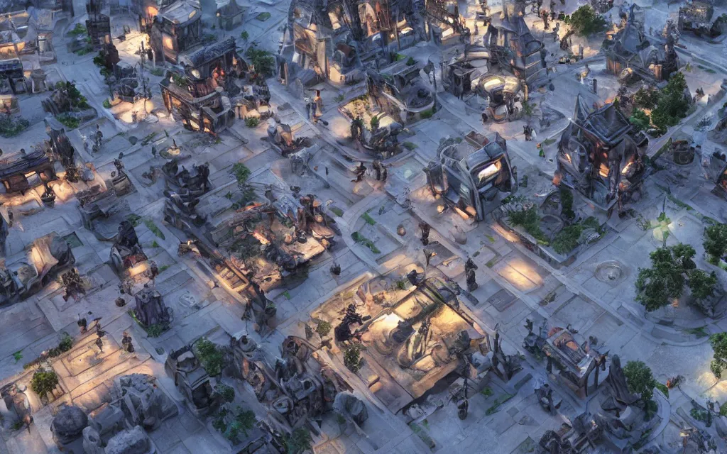 Image similar to at the square of a futuristic scfi french village, highly detailed, cinematic lighting, render, fantasy