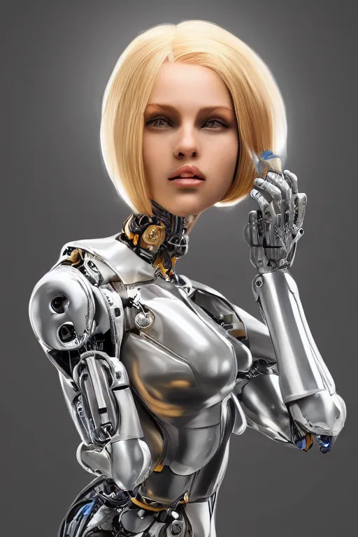 Image similar to a beautiful woman with blonde hair wearing robot suit with wires and light, highly detailed, photorealistic, artstation, smooth