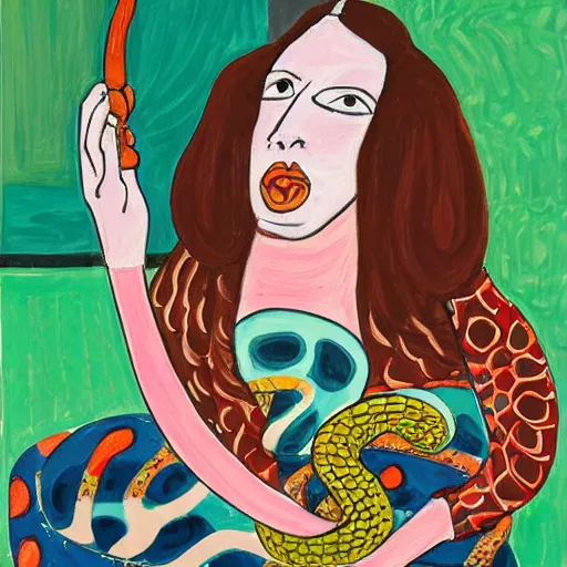 Image similar to A beautiful painting of a snake eating its own tail that seems to go on forever. by Lynda Barry, by Chantal Joffe dreary