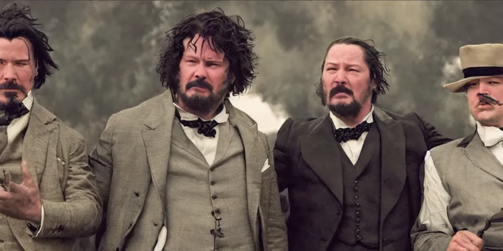 Prompt: Keanu Reeves and Tom Hardy as Mark Twain and Winston Churchill in 'T-Waain vs. C-hill: The Rap Battle of the century' (2017), movie still frame