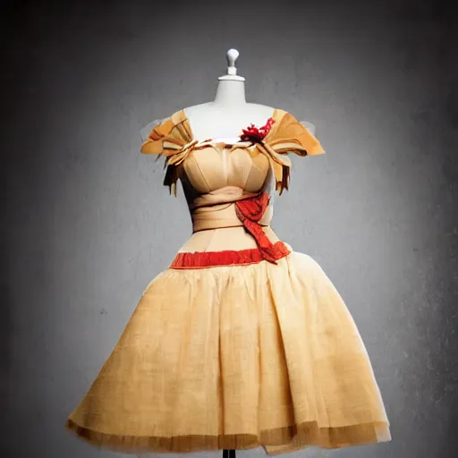 Prompt: a beautiful dress made out of apple pie, on a mannequin. high quality, high resolution, studio lighting