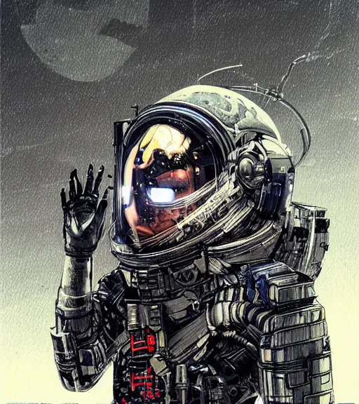 Image similar to realistic cyberpunk engineer with long limbs and a black spacesuit on a spacewalk, techwear, dead space, visible face, Industrial Scifi, detailed illustration, character portrait, by Ashley Wood and Moebius