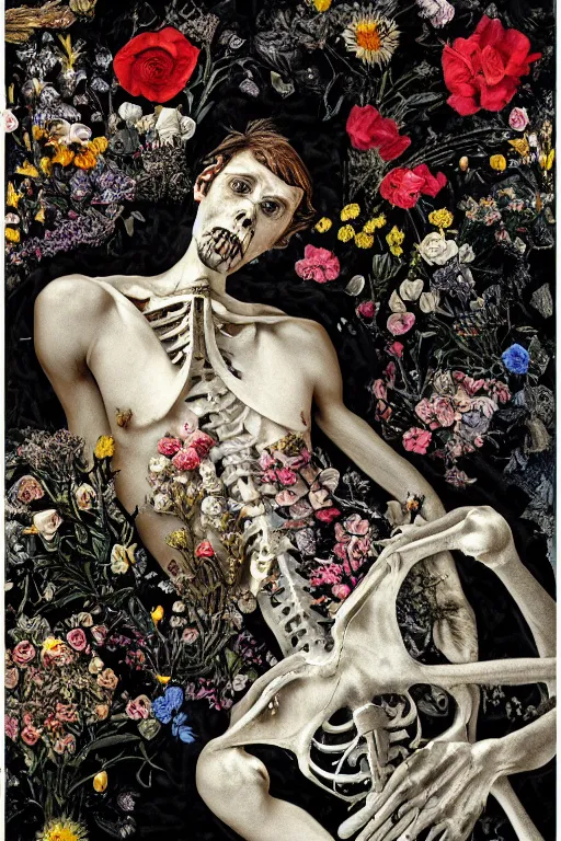 Image similar to a man lying in flowers and bones, he has large eyes and lips and feels an existential dread of love, surrounded by IV bags, HD Mixed media collage, highly detailed and intricate, surreal illustration in the style of Caravaggio, baroque dark art