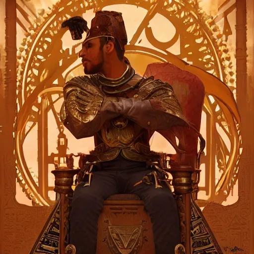 Image similar to portrait of a handsome egyptian prince on a steampunk throne of a desert city, headshot, highly detailed, digital painting, artstation, concept art, sharp focus, cinematic lighting, illustration, art by artgerm and greg rutkowski, alphonse mucha, cgsociety