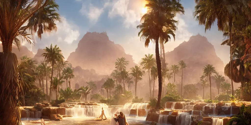 Image similar to beautiful oasis waterfalls surrounded by palm trees moroccan tile archways, date trees, ivory towers sunset peter morbacher ross tran angelarium greg rutkowski alchemy luxury heavenly light soft illumination, trending on artstation cinematic lighting digital painting octane render, artgerm