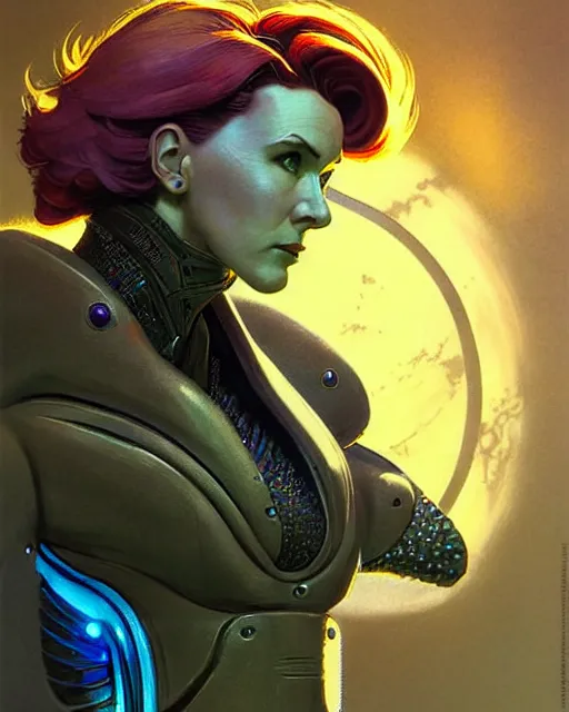 Image similar to moira from overwatch, character portrait, portrait, close up, concept art, intricate details, highly detailed, vintage sci - fi poster, in the style of chris foss, rodger dean, moebius, michael whelan, and gustave dore