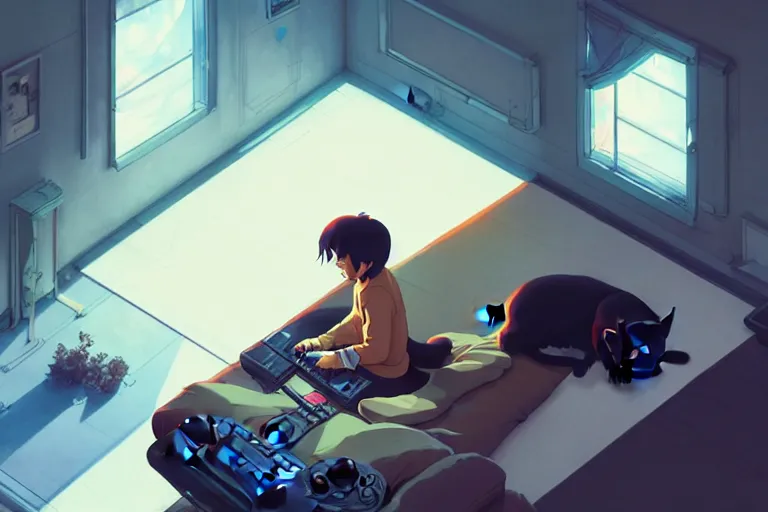 Image similar to a young man sitting in a bedroom chair playing xbox, a black cat is asleep next to him, wide angle shot from above, golden curve composition, animation portrait concept art, style of makoto shinkai, james jean and peter mohrbacher, studio ghibli, artgerm, karol bak, dan mumford, 4 k hd, animation style