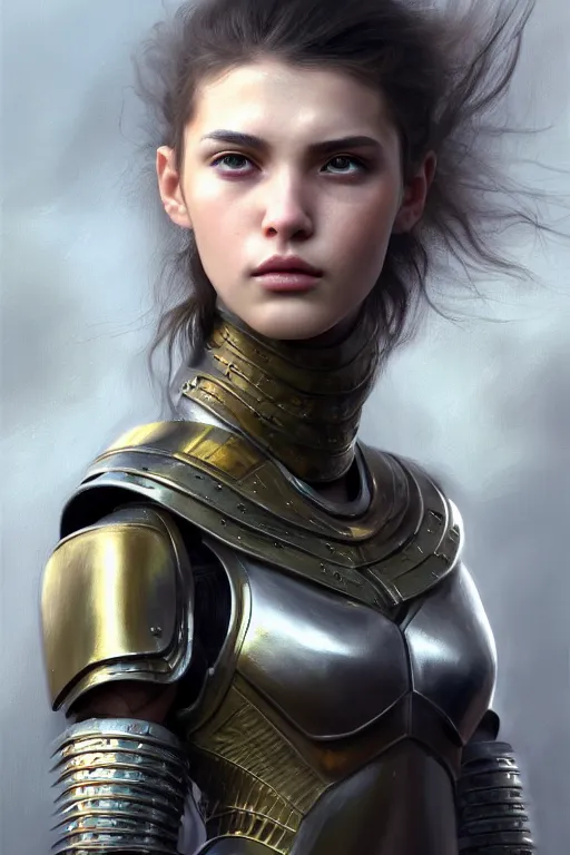 Prompt: a photorealistic painting of an attractive young girl, partially clothed in metal-plated battle armor, olive skin, long dark hair, beautiful bone structure, symmetrical face, perfect eyes, intricate, elegant, digital painting, concept art, illustration, sharp focus, minimal artifacts, from Metal Gear, in the style of Ruan Jia and Mandy Jurgens and Greg Rutkowski, trending on Artstation, award winning