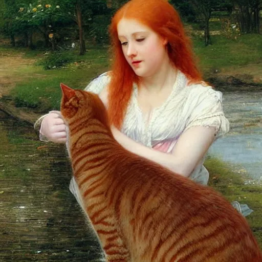 Prompt: A photorealistic painting of a redheaded woman petting a cat by a river in the style of Eugene de Blaas