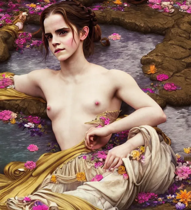 Image similar to emma watson baroque portrait of one steampunk bohemian geisha woman of porceline skin lying down in a river made of thousand of flowers, cinematic lighting, photorealistic, octane render, 8 k, depth of field, art by artgerm and greg rutkowski and alphonse mucha and uang guangjian