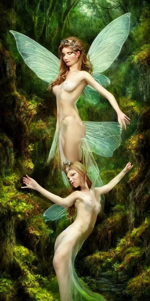 Prompt: epic oil painting of a beautiful fairy with a beautiful face and flawless skin and perfect body wearing a gauze dress, landing on a mushroom in the forest, moss, fog