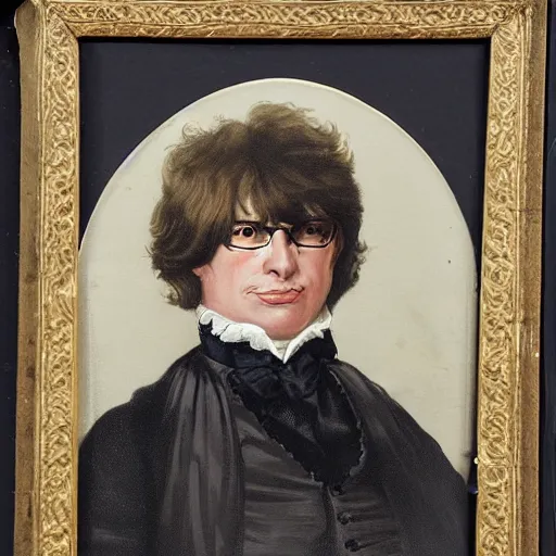 Image similar to old victorian portrait of austin powers, wearing a powdered wig, wearing a ruffled shirt