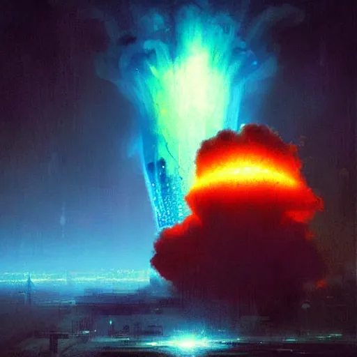 Image similar to nuclear explosion from space, neon lights by greg rutkowski