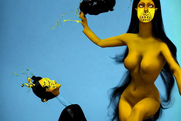 Image similar to a fractal woman with a yellow face and black hair, a pop art painting by franck frazetta, trending on cgsociety, pop surrealism, photoillustration, daz 3 d, pop art