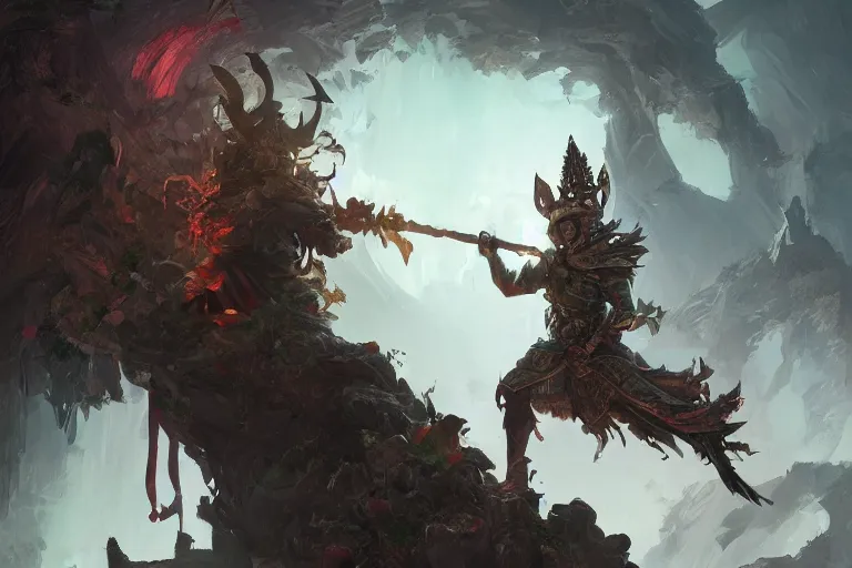 Image similar to ay cat wearing a crown and cape wielding a scepter fighting a muscular tunisian man wearing shrubbery, fantasy, digital painting, volumetric light, intricate, sharp, focus, bloom, illustration, highly detailed, concept art, matte, ruan jia, randy vargas, greg rutkowski