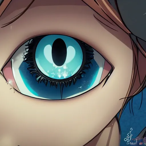 Image similar to a girl's eyes, stars are hidden in the eyes, 8 k, stunning, dream, highly detailed, super macro, surrealist, close - up view,, style of magical girl, makoto shinkai